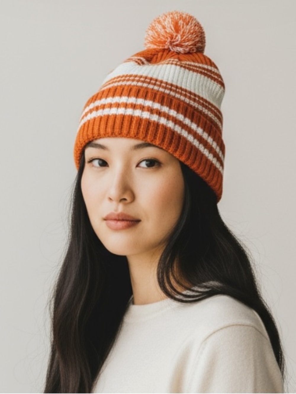 Striped Pom-Pom Knit Beanie - Orange & White
